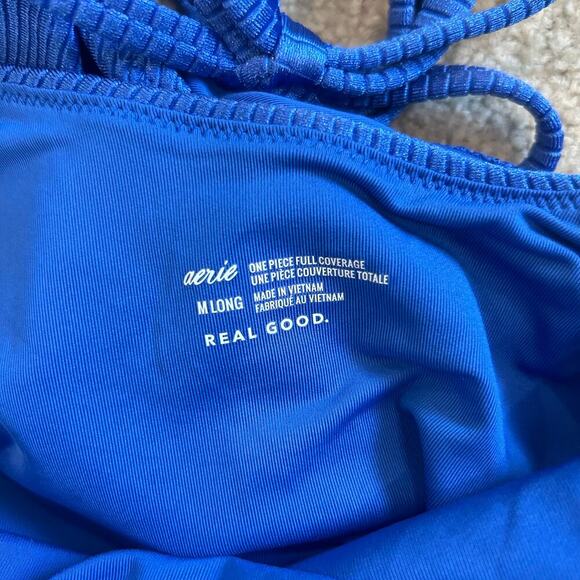 NWT Aerie Shine Rib Strappy Scoop Full Coverage One Piece Swimsuit Blue - Picture 6 of 7